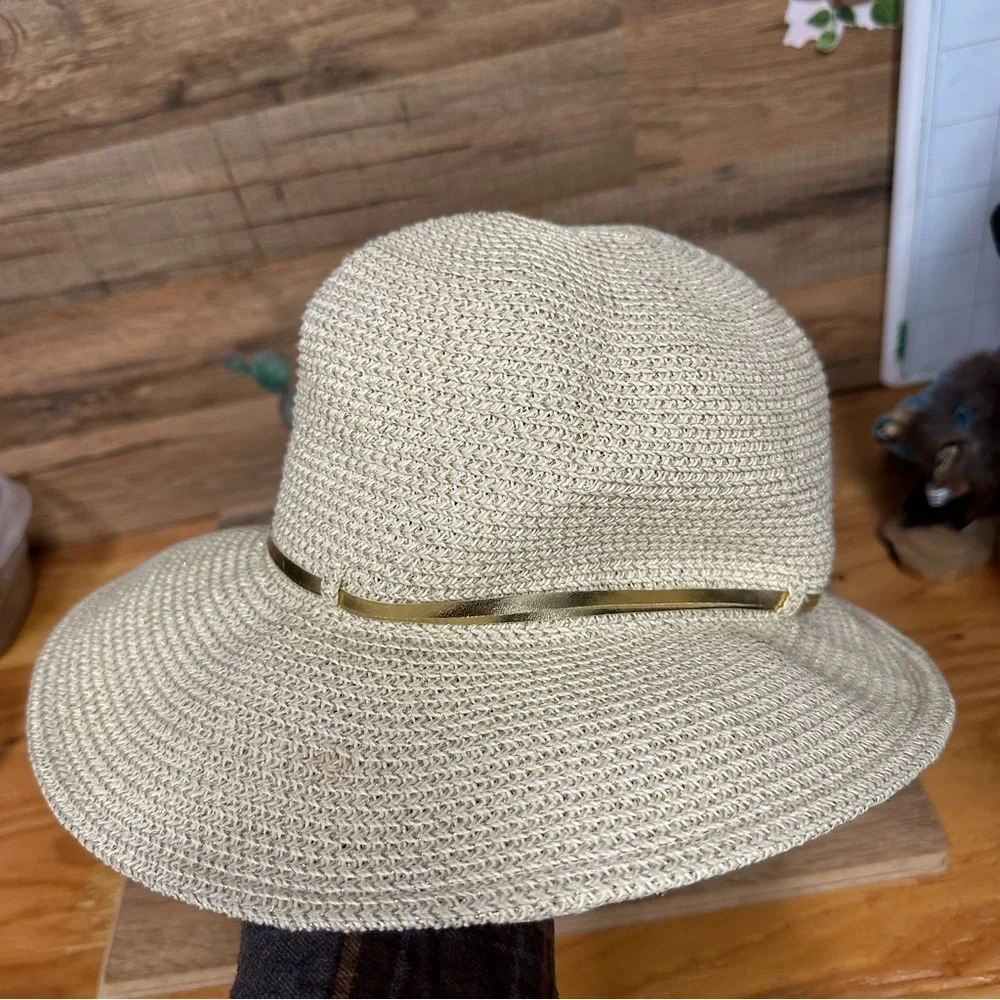 Scala women’s handwoven sun hat gold thread with a buckle trim
